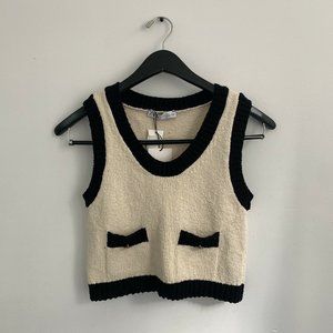 Zara Cream Cropped Sweater Vest With Black Trim And Gilded Gold Buttons Small